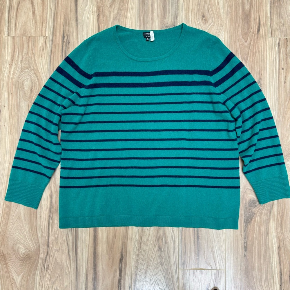 Talbots Pullover 100% Cashmere Sweater Plus 2X Navy Blue Green Striped Soft Slim - Picture 9 of 15